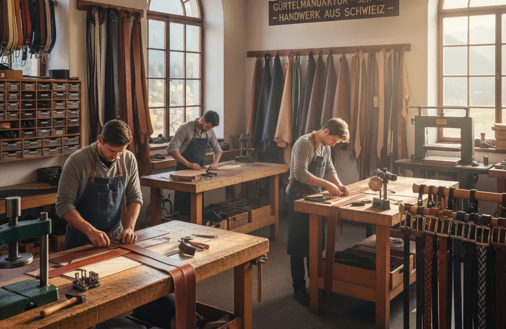 Schweizer Handwerker fertigen Edelvetica Ledergürtel aus hochwertigem Echtleder in traditioneller Gürtelmanufaktur – Handarbeit, Qualität und Stil