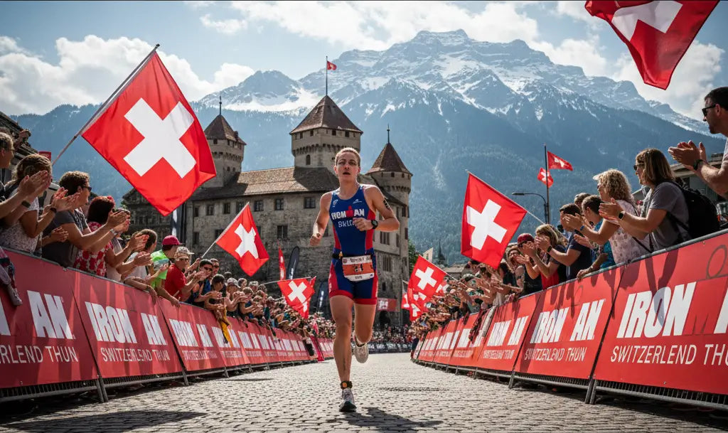 Erschöpfte, glückliche Triathleten überqueren die Ziellinie beim Ironman Thun in jubelnder Menge