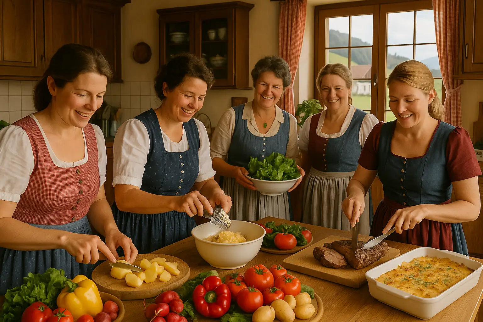 Landfrauen bereiten gemeinsam in einer Schweizer Landhausküche traditionelle Gerichte mit frischen Zutaten wie Kartoffeln, Salat, Tomaten und Rindfleisch zu – Landfrauenküche Schweiz
