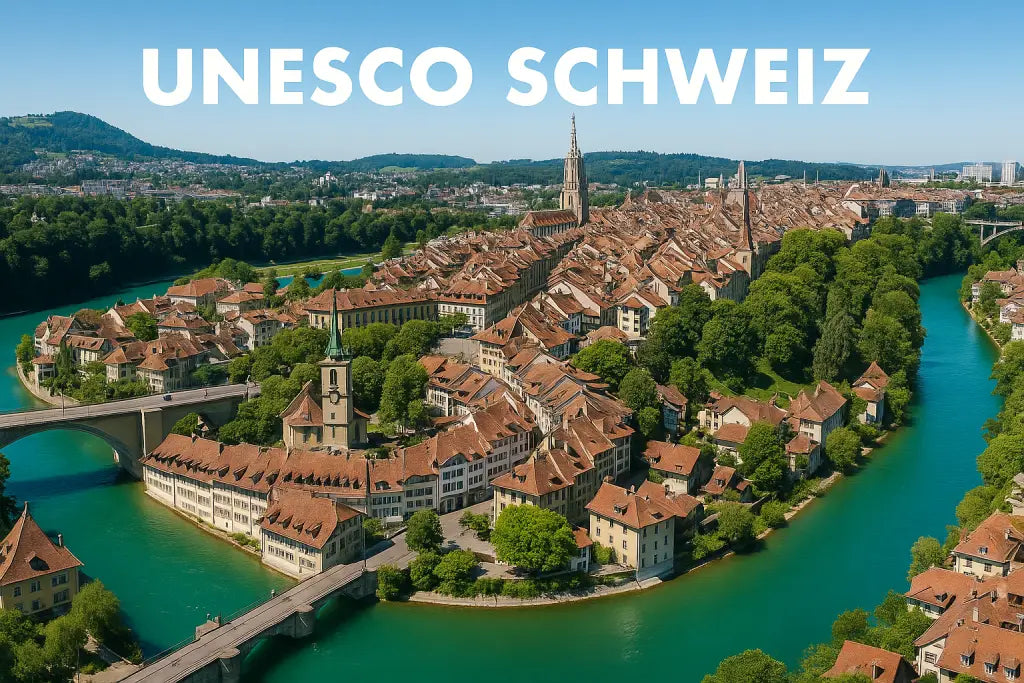 Luftaufnahme der UNESCO-Altstadt von Bern in der Schweiz mit ihren historischen Gebäuden, roten Ziegeldächern und der Aare, die sich um die Stadt windet – im Hintergrund der Berner Münster und grüne Landschaften.
