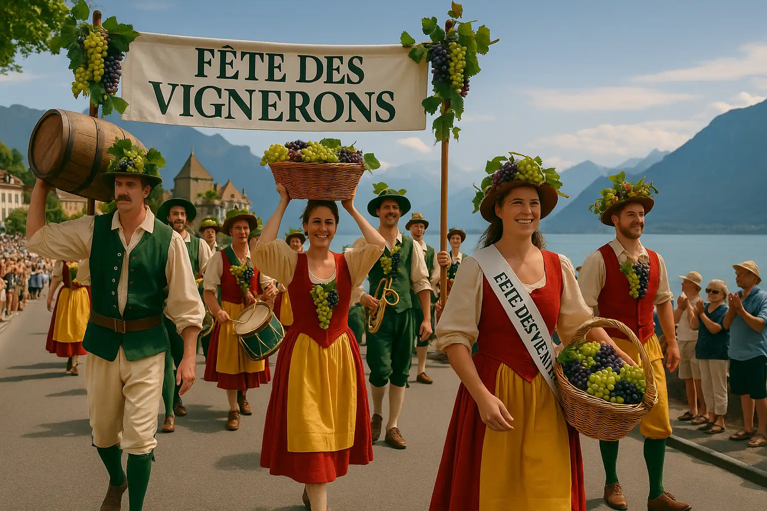 Traditioneller Festumzug bei der Fête des Vignerons in der Schweiz mit kostümierten Teilnehmern, Trachten, Weinfass, Trauben und Parade am Seeufer von Vevey – Fête des Vignerons
