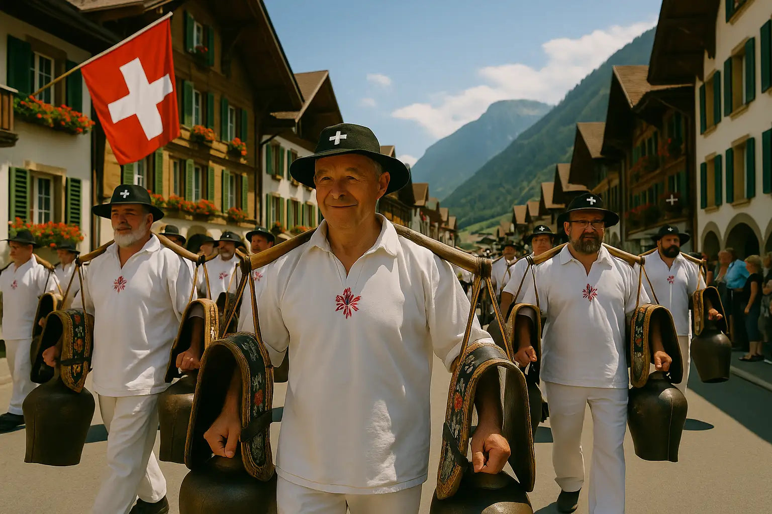 Traditioneller Trychler-Umzug in der Schweiz mit Männern in weissen Trachten, grossen geschmückten Kuhglocken und Schweizer Fahne, vor alpiner Kulisse und historischen Holzhäusern.
