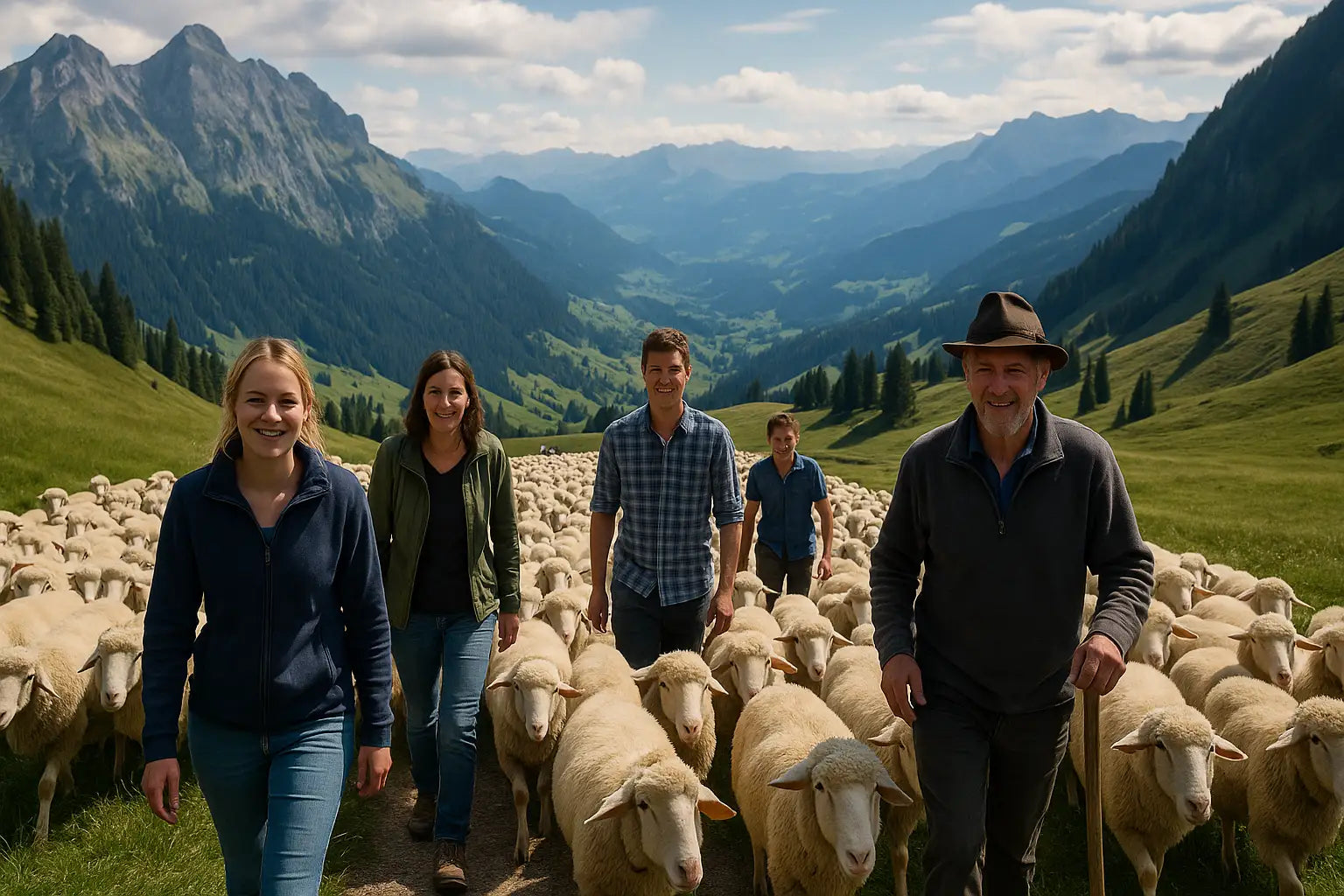 Schäferinnen und Schäfer begleiten ihre Schafherde durch eine idyllische Alpenlandschaft beim traditionellen Schafscheid in der Schweiz – Schafscheid Schweiz Alps Tiertradition