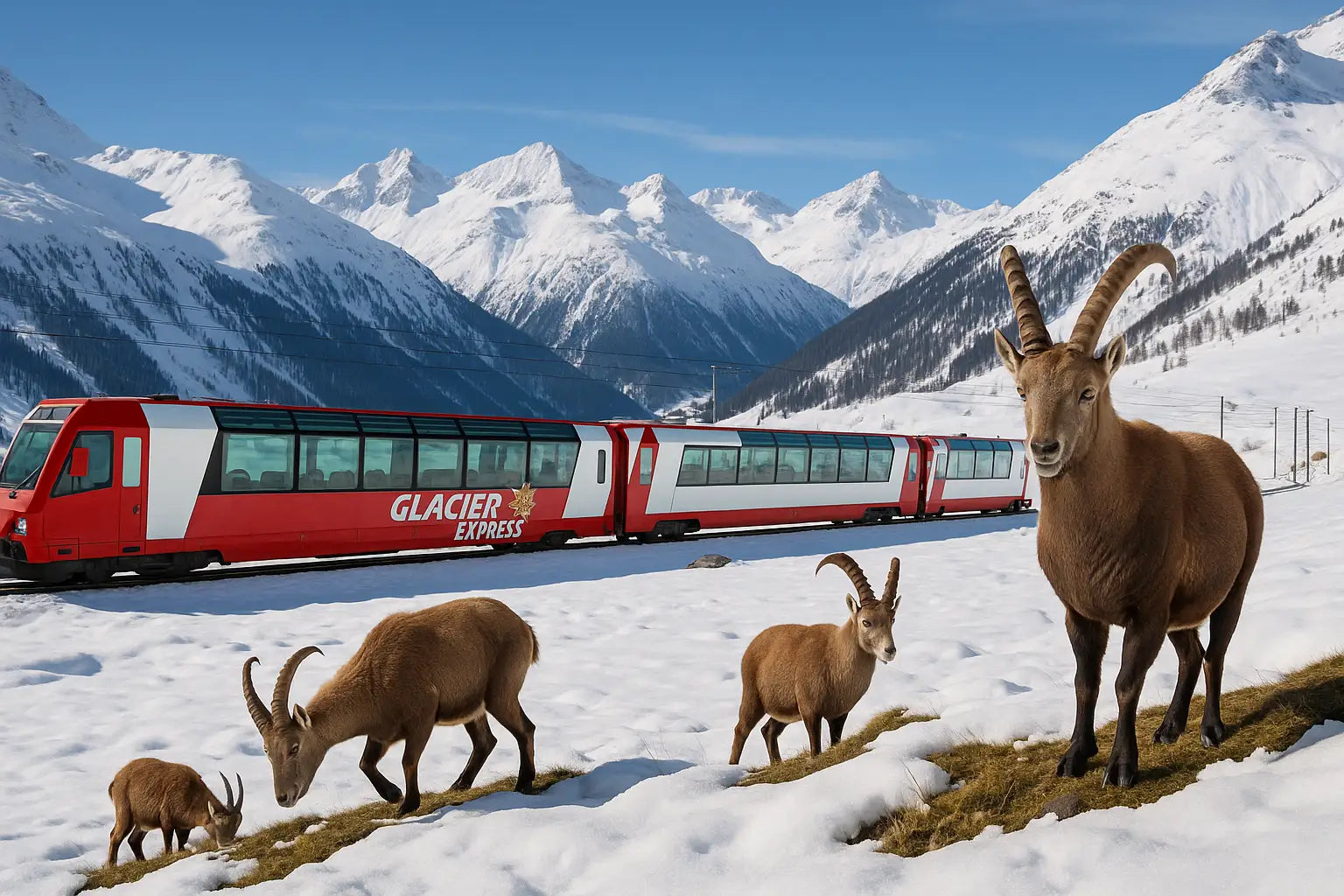 Der Glacier Express durchquert die verschneiten Schweizer Alpen, während im Vordergrund Steinböcke in der Winterlandschaft stehen – Glacier Express Schweiz Winter Natur Edelvetica