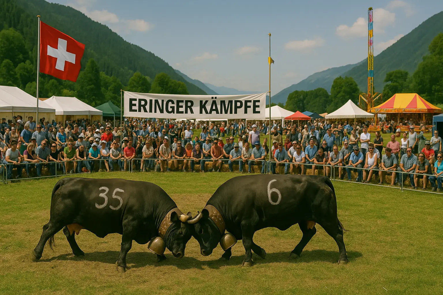 Zwei Eringer Kühe beim traditionellen Kuhkampf (Eringer Kämpfe) in der Schweiz, vor grossem Publikum im Freien mit Schweizer Flagge und Bergkulisse im Hintergrund