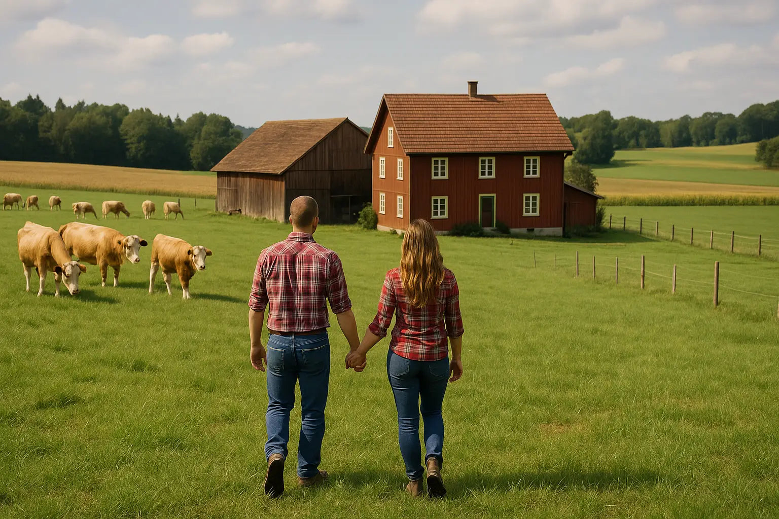 Pärchen in karierten Hemden auf einem Bauernhof in der Schweiz, geht Hand in Hand über die grüne Wiese auf ein rotes Bauernhaus zu – Bauer ledig sucht Landleben Schweiz