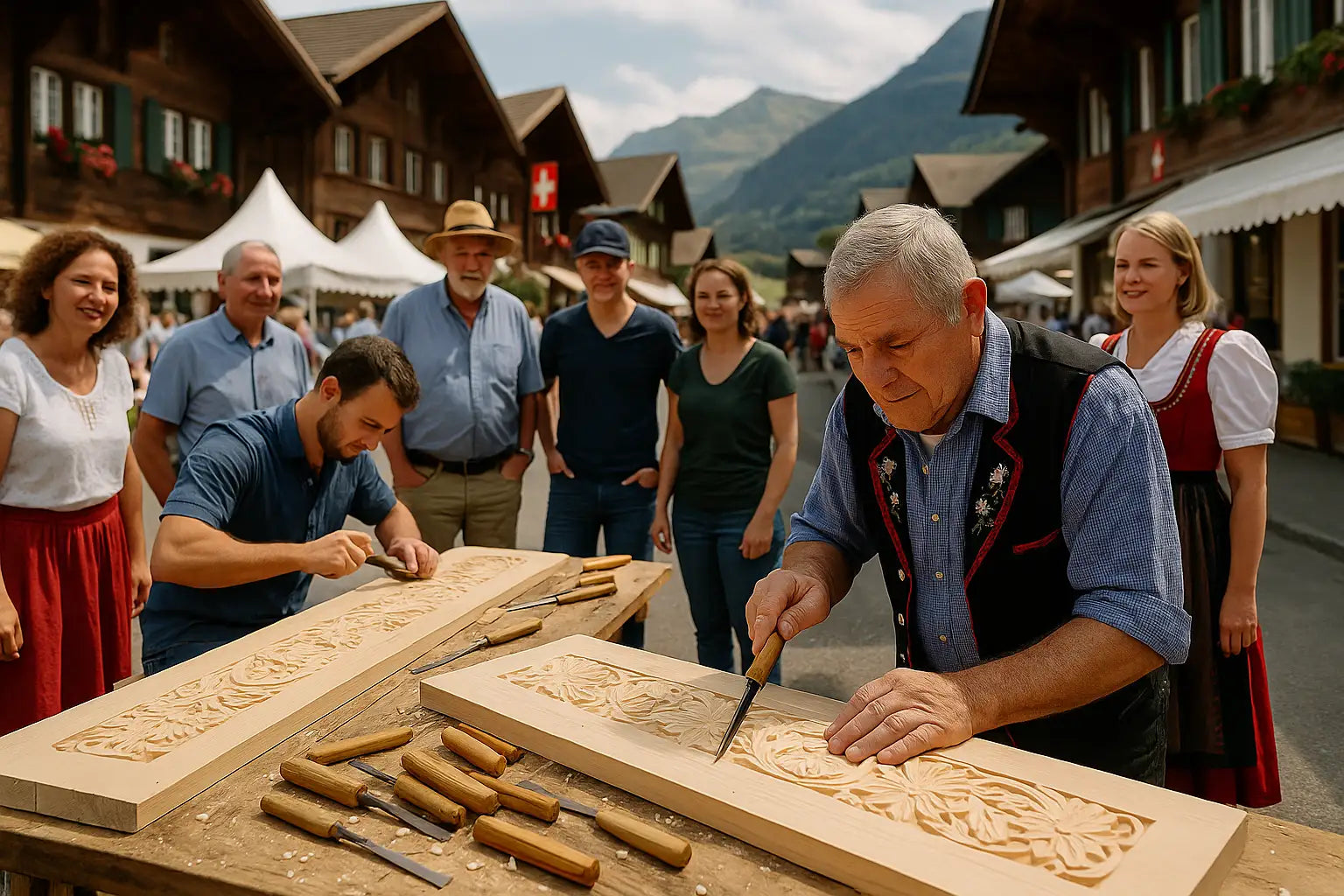 Zwei Handwerker schnitzen filigrane Holzmuster bei einer Vorführung traditioneller Schweizer Handwerkskunst im Freien, umgeben von interessierten Zuschauerinnen und Zuschauern in einem alpinen Dorf – Schweizer Handwerkskunst Holzschnitzen Alpen