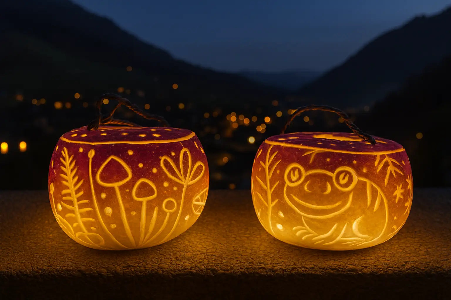 Zwei kunstvoll geschnitzte Räbeliechtli mit leuchtenden Motiven von Pilzen, Blumen und einem Frosch auf einer Mauer bei Nacht, mit Alpenlandschaft im Hintergrund – Räbeliechtliumzug Schweiz Laternen Tradition