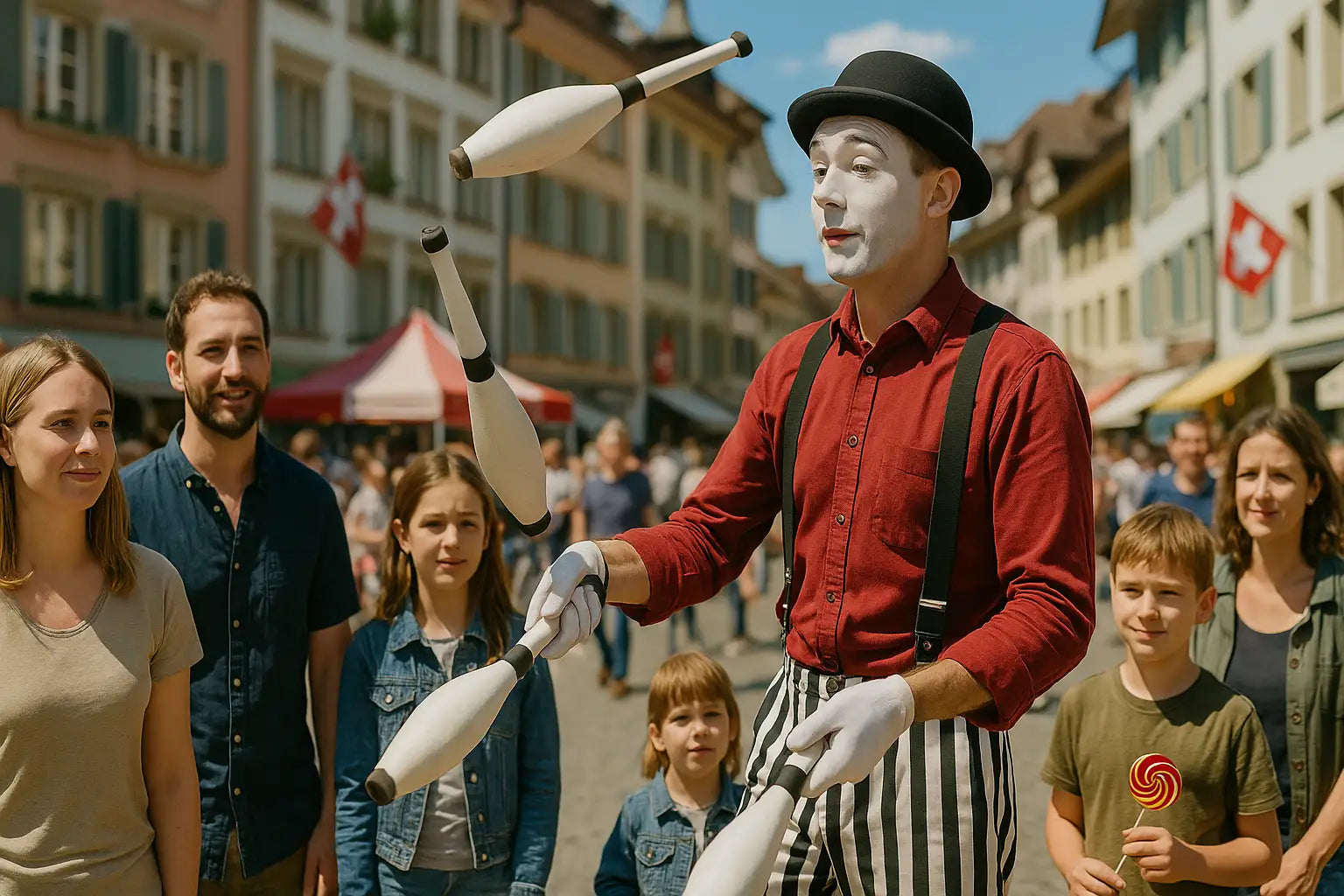 Straßenkünstler jongliert beim Gauklerfest in der Schweiz vor interessiertem Publikum in Altstadtgasse mit Schweizer Flaggen – Gauklerfest Schweiz