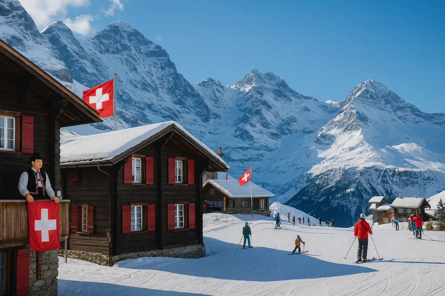Skifahrer und Kinder auf Skipiste vor traditionellen Schweizer Chalets mit roten Fensterläden und Schweizer Flaggen, im Hintergrund die verschneiten Gipfel der Alpen bei Sonnenschein – Winterurlaub und Skitradition in der Schweiz.