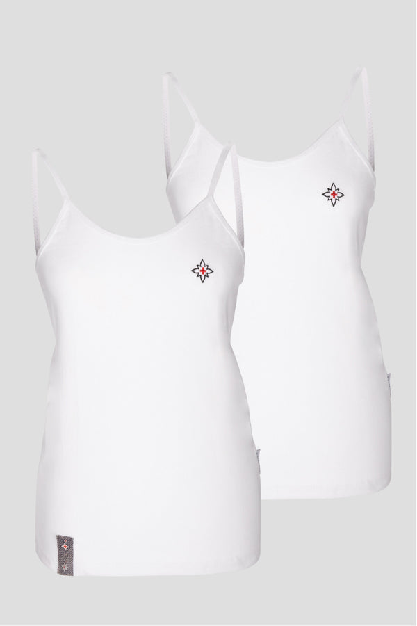 Damen Edelweiss Spaghetti-Top von Edelvetica, ein elegantes und sommerliches Kleidungsstück. Dieses Top zeichnet sich durch ein feines Edelweiss-Muster aus und bietet einen leichten und luftigen Tragekomfort. Ideal für warme Tage, kombiniert es schweizerische Tradition mit einem femininen und modernen Stil