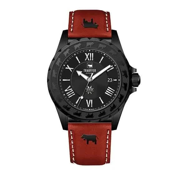Trauffer Chronograph mit schwarzem Gehäuse, rotem Lederarmband mit Kuhsymbol, schwarzem Zifferblatt und Alpaufzug-Gravur – Swiss Made