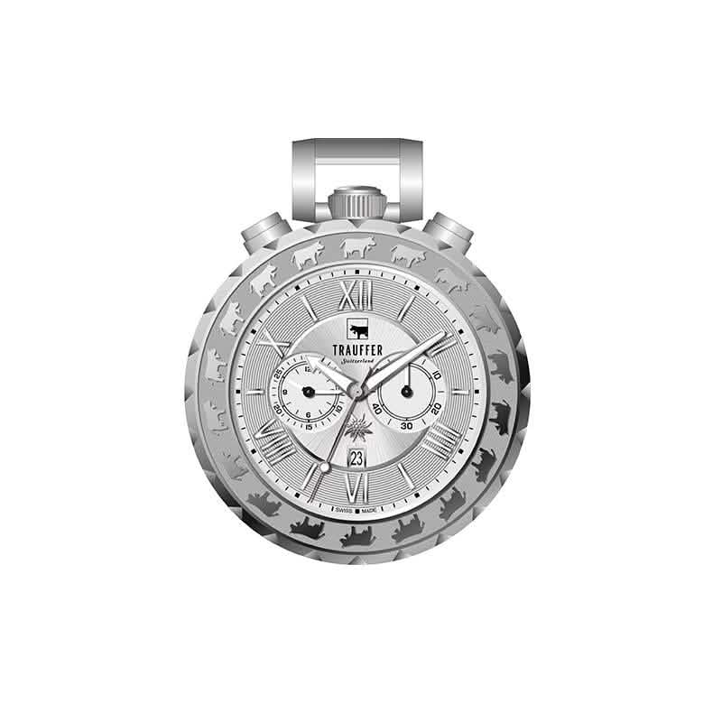Trauffer Chronograph Taschenuhr silber mit Edelweiss & Alpaufzug-Motiven – Swiss Made