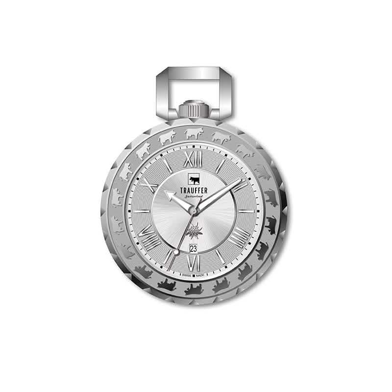 Trauffer Taschenuhr silber mit Edelweiss und Alpaufzug-Gravur – Swiss Made