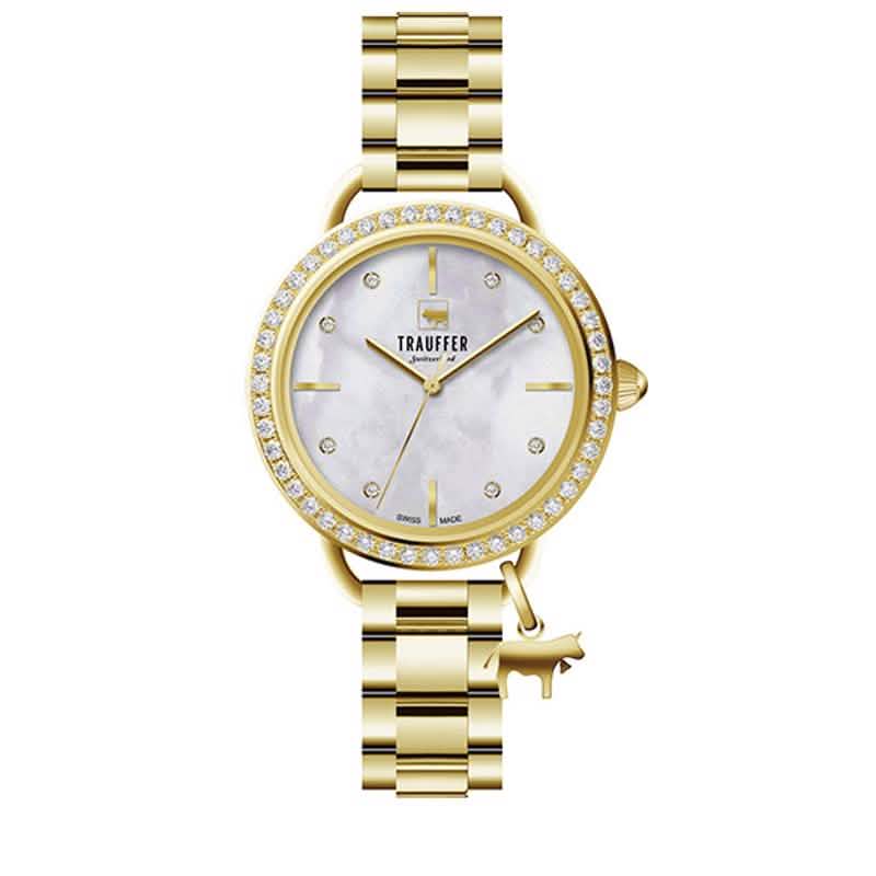 Trauffer Damenuhr mit goldfarbenem Edelstahlarmband, Perlmutt-Zifferblatt, Steinlünette und goldfarbenem Kuh-Charm – Swiss Made