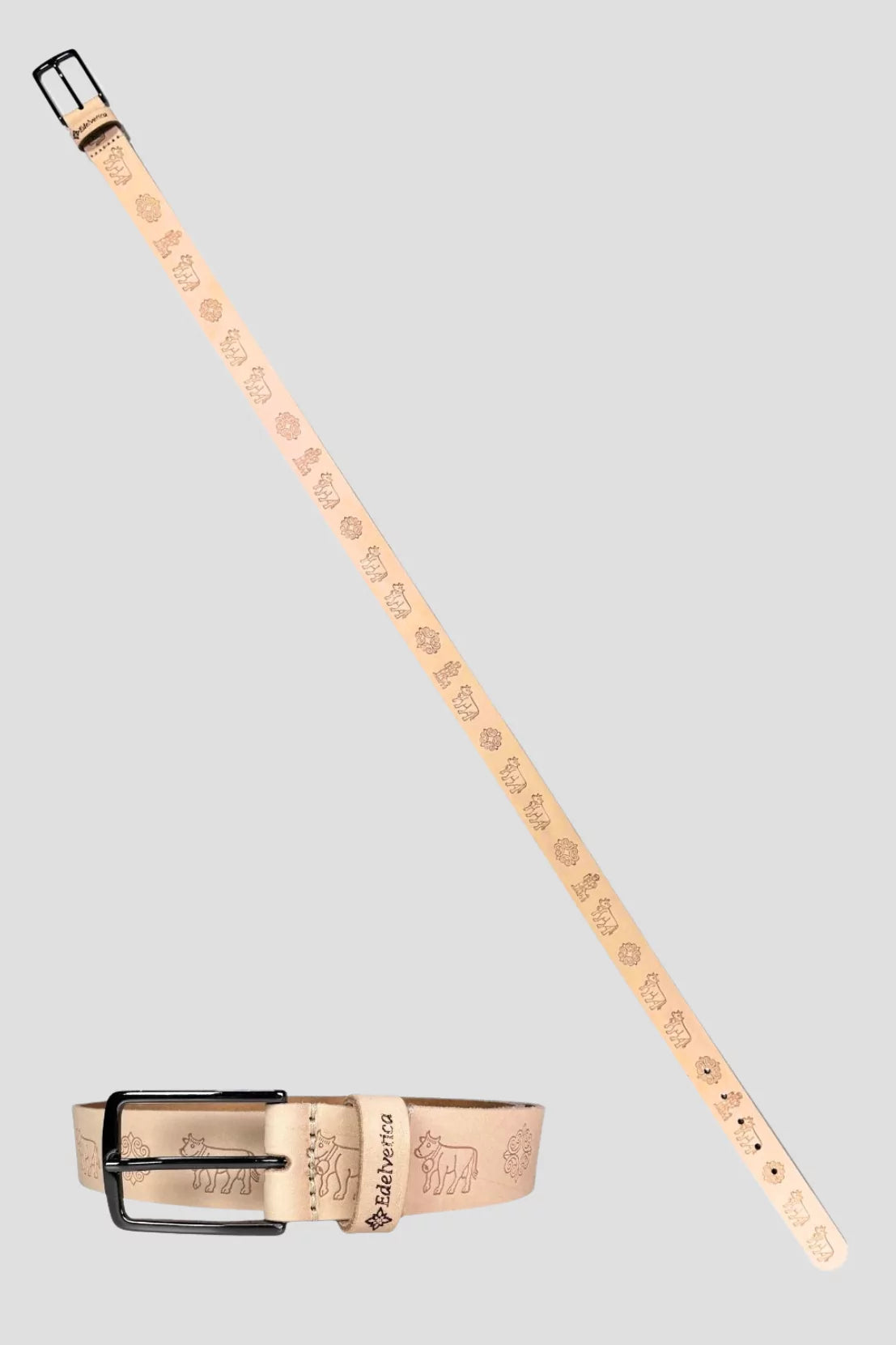 Heller Appenzeller Ledergürtel von Edelvetica mit geprägten Kuh- und Edelweiss-Motiven, handgefertigt in der Schweiz