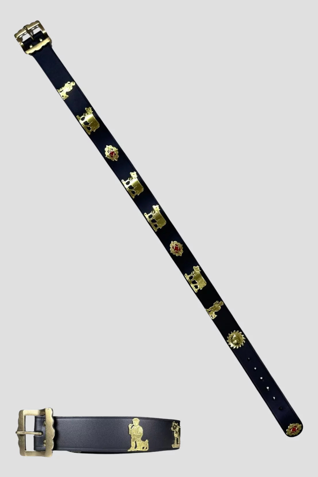 Schwarzer Appenzeller Ledergürtel von Edelvetica mit goldenen Messingbeschlägen und traditionellen Motiven aus Schweizer Handwerk