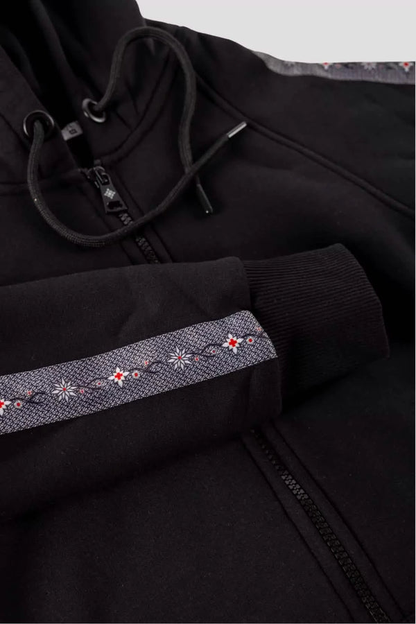 Damen-Sweatjacke mit Edelweiss-Muster, Kapuze und Taschen.
