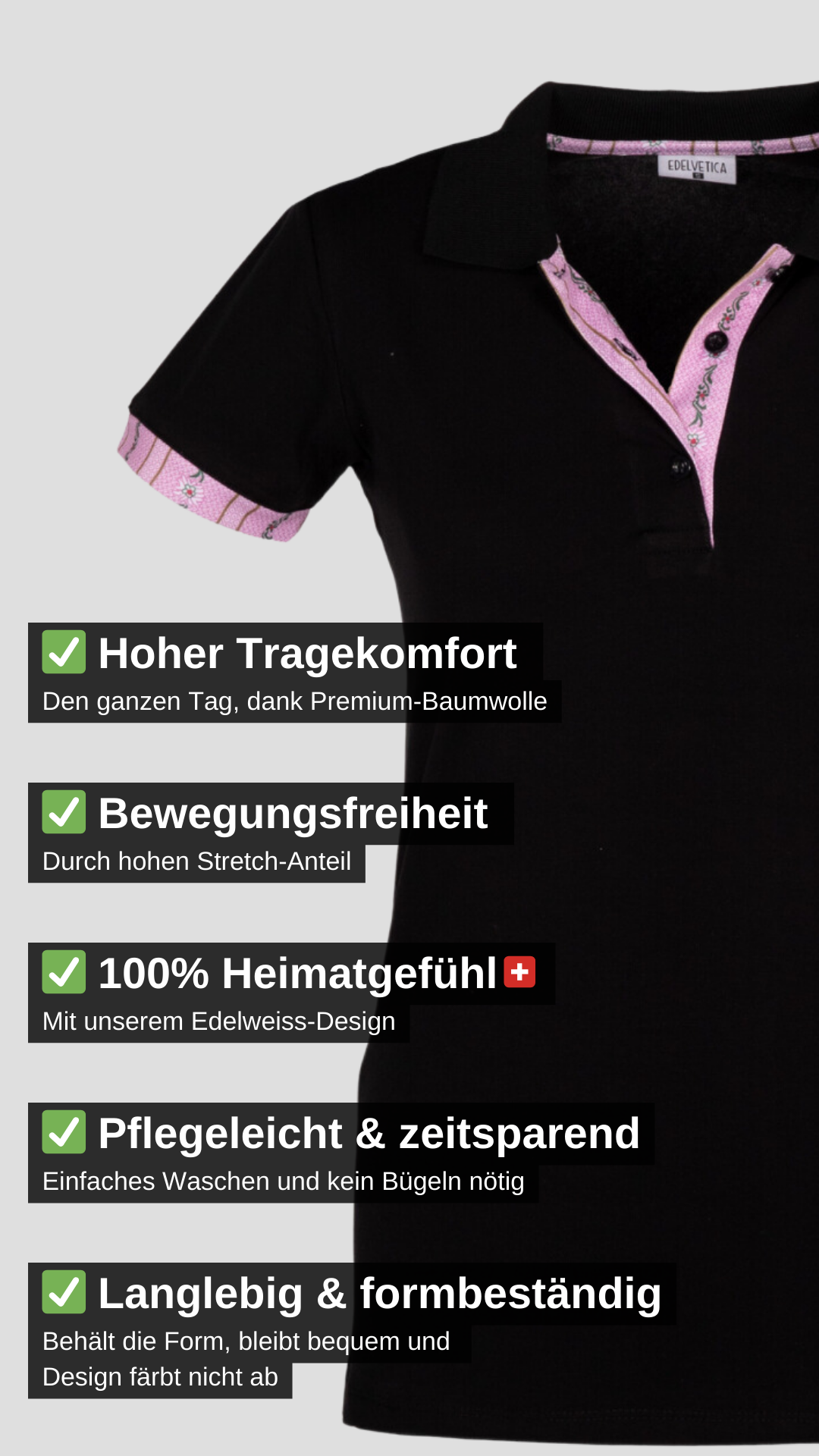 Polo Shirt Edelweiss Krageninnenseite & Armabschluss Damen