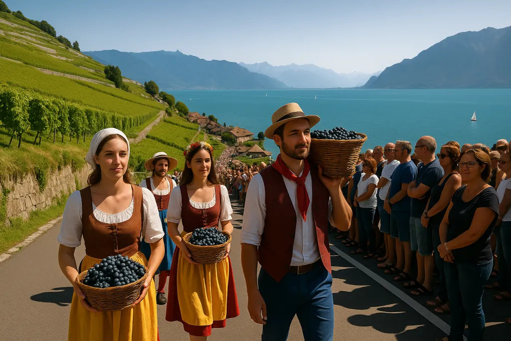 Zahlreiche Teilnehmer in Trachten marschieren beim Weinlesefest an jubelnden Zuschauern vorbei.