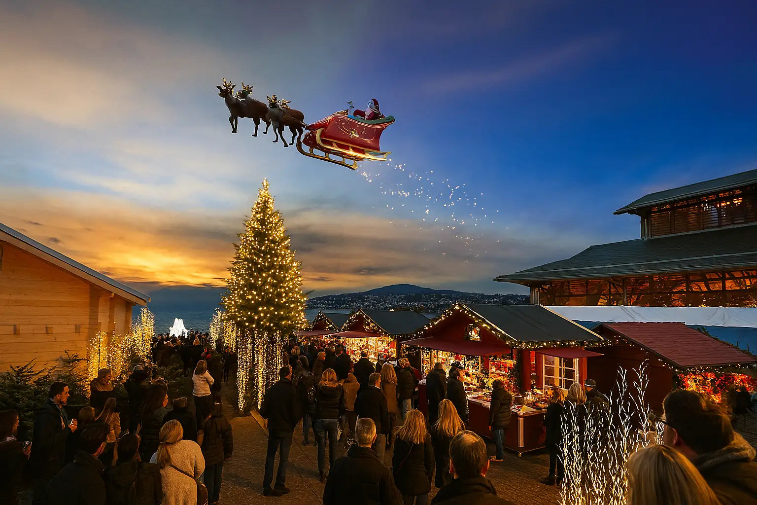 Traditioneller Weihnachtsmarkt in der Schweiz mit Weihnachtsmann und Schlitten