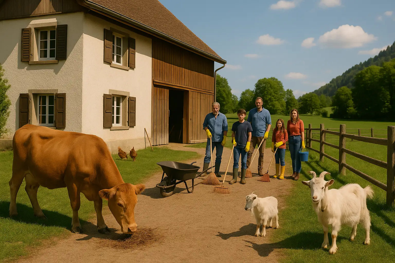 Eine Familie kehrt gemeinsam den Hof und erfreuen sich am Frühjahrsputz