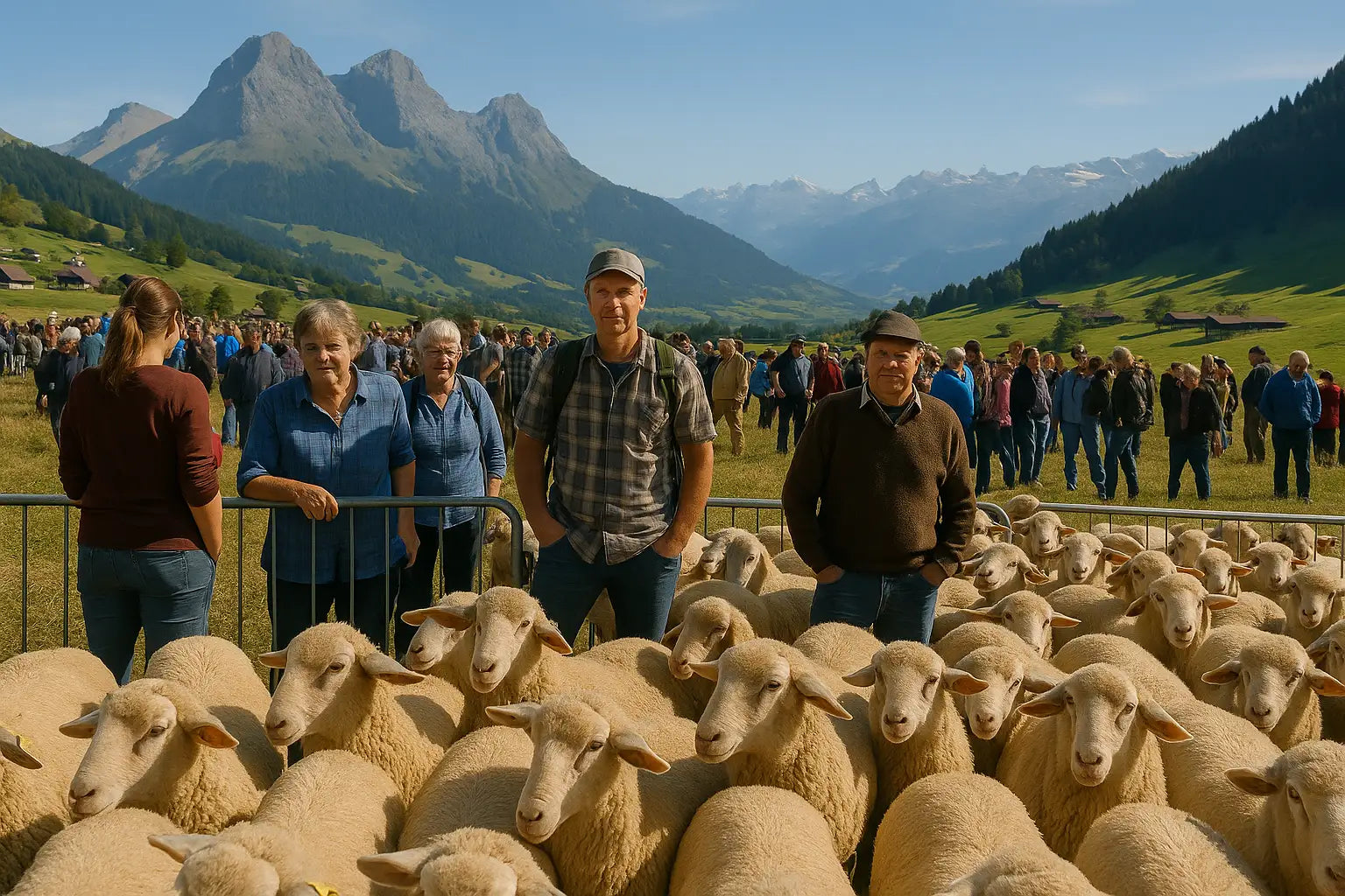 Männer und Frauen treiben gemeinsam eine große Herde Schafe in einen großen Käfig.