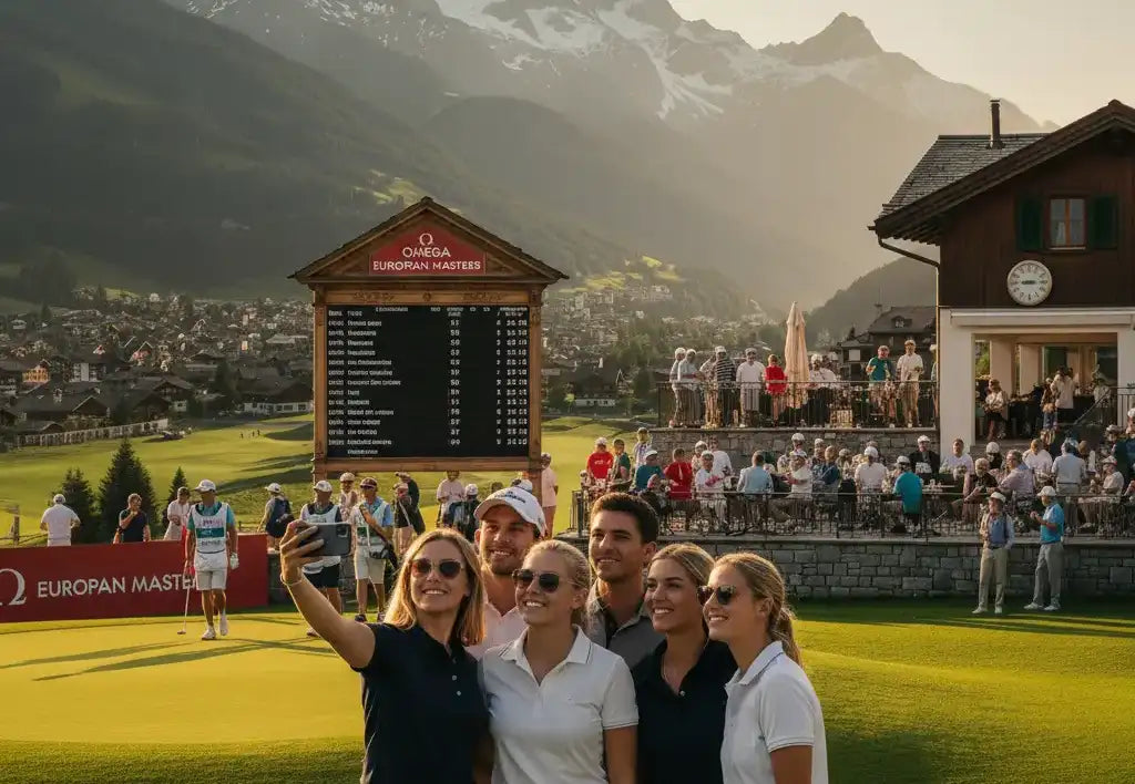 Zuschauer und Spieler beim Omega European Masters in Crans-Montana, Gruppe junger Fans macht Selfie vor Scoreboard mit Alpenpanorama