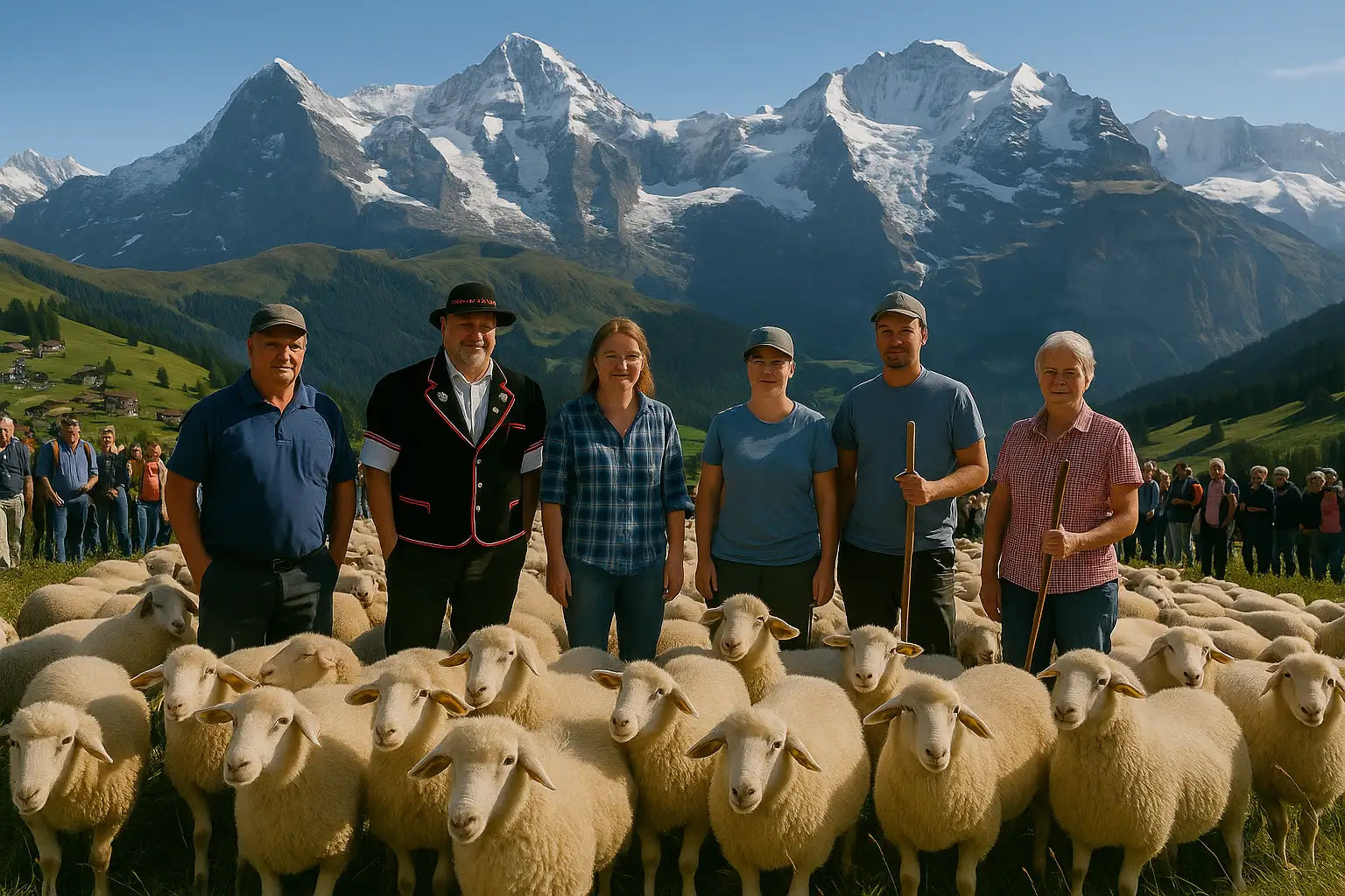 Mehrere Personen stehen mit Hirtenstöcken zwischen einer weißen Schafherde inmitten der Berge.