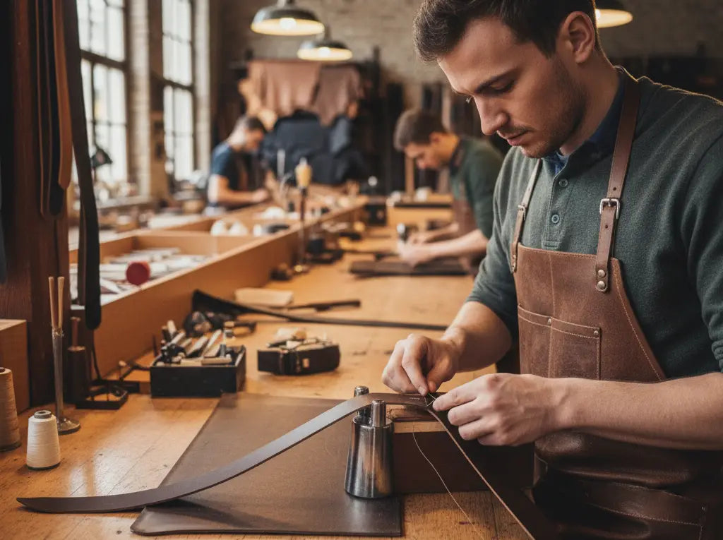 Handwerker näht Leder in der Edelvetica Werkstatt in der Schweiz, sorgfältige Handarbeit bei der Herstellung hochwertiger Ledergürtel