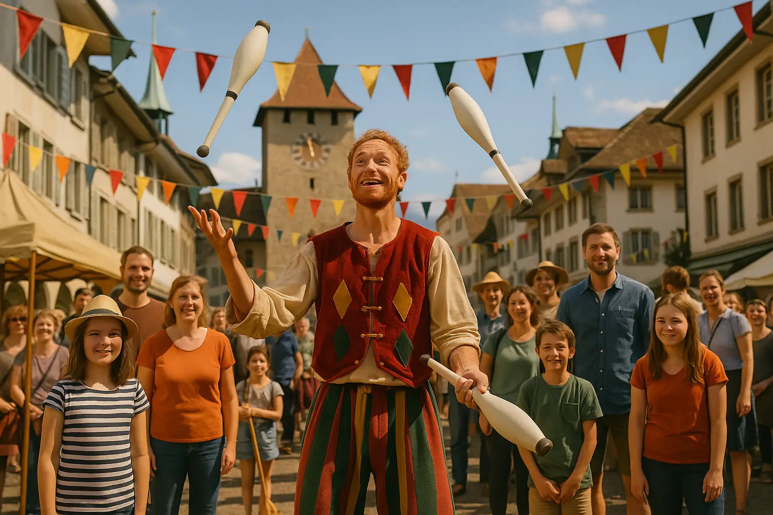 Kinder und Erwachsene sehen fasziniert Straßenkünstlern bei ihren Vorführungen zu.