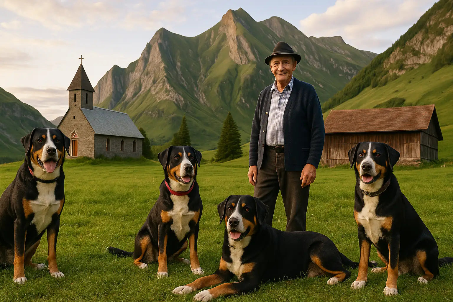 Älterer Senn steht mit seinen Sennen Hunden auf einer Bergwiese mit Blick auf die umliegenden Gipfel.
