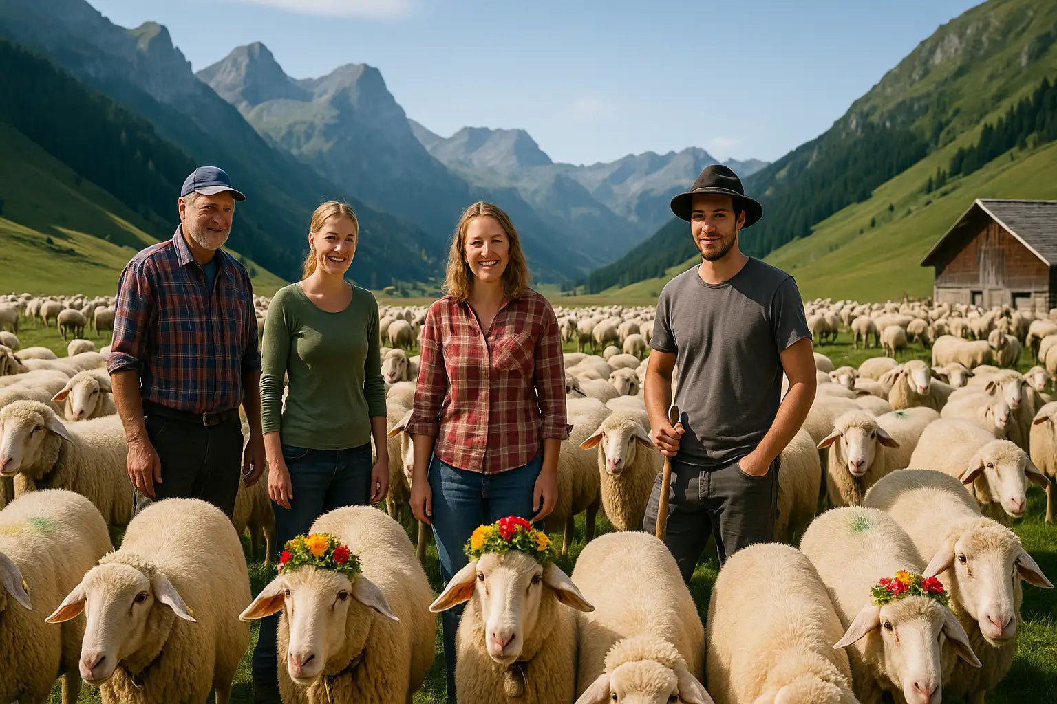 Gruppe von Menschen treibt hunderte Schafe durch ein alpines Tal.