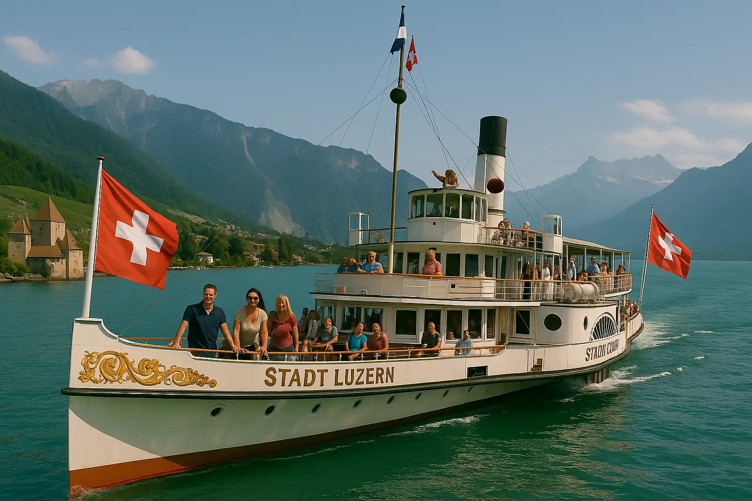 Ein Schiff der Stadt Luzern fährt durch ein alpines Tal mit Bergen einem Dorf und grünen Wäldern im Hintergrund.