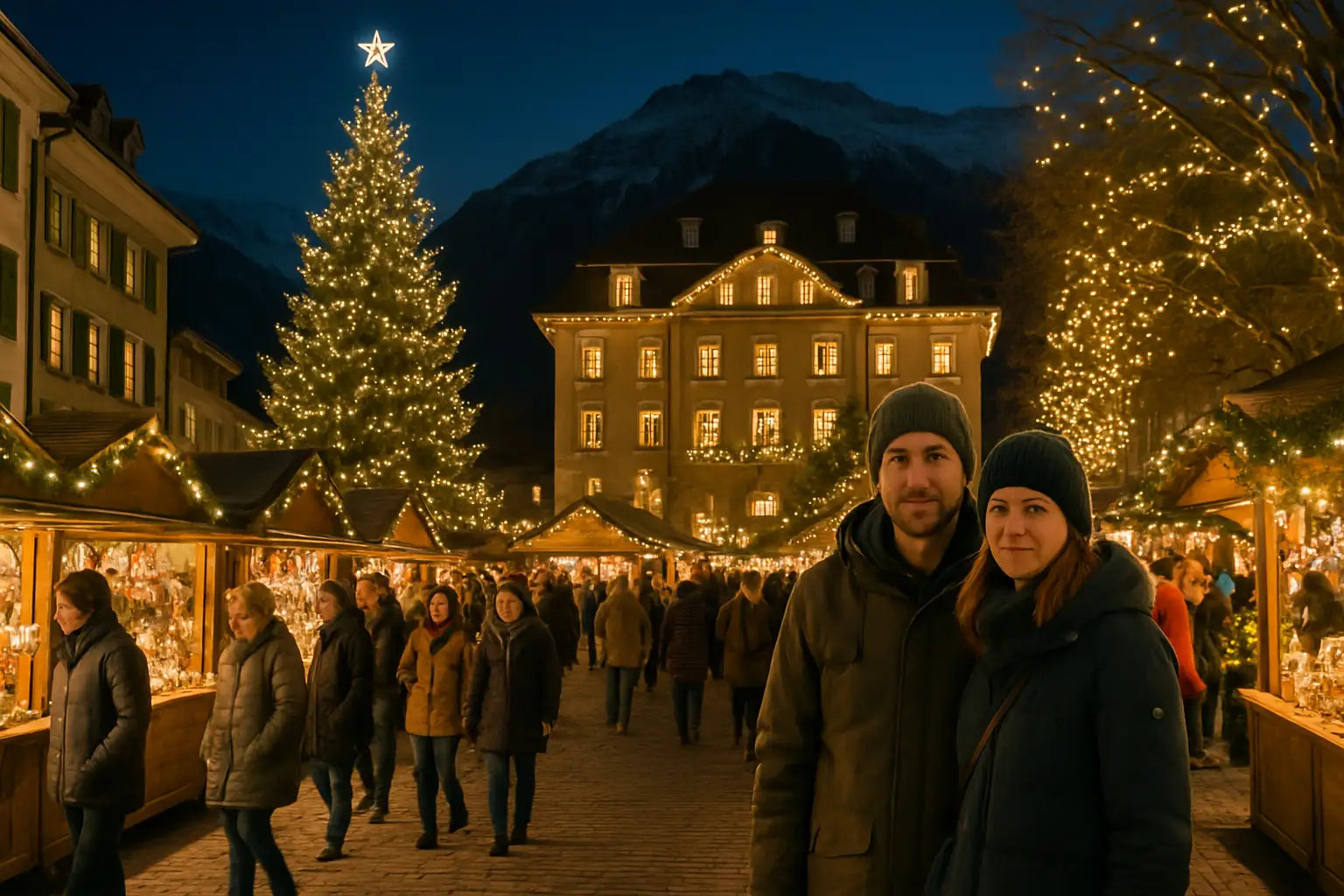Ein Paar auf dem Weihnachtsmarkt in der Schweiz mit geschmückten Bäumen und vielen Ständen