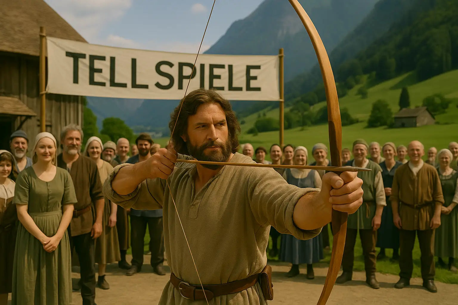 Schauspieler mit Bogen und historischen Kostümen stellen die Legende von Wilhelm Tell nach vor einem Publikum.