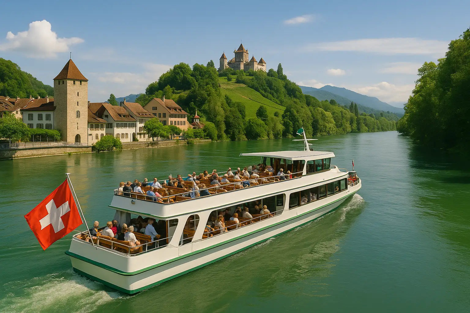 Gäste sitzen entspannt auf dem Deck eines Ausflugsschiffes und betrachten die Landschaft.
