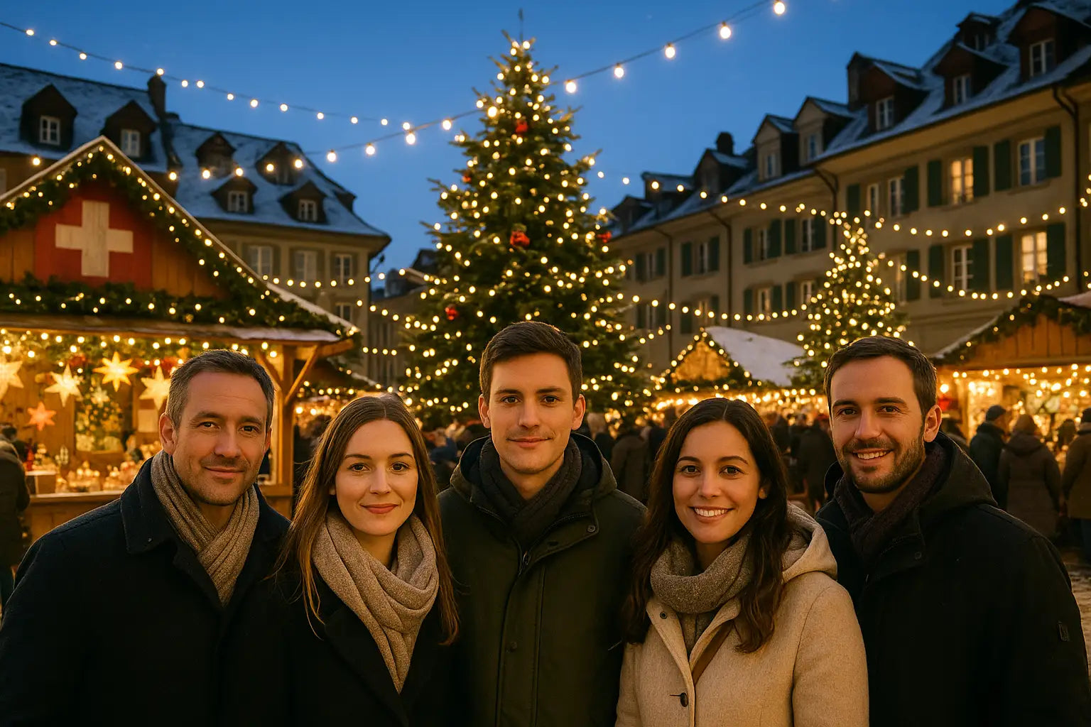 Freundesgruppe auf einem Weihnachtsmarkt in der Schweiz