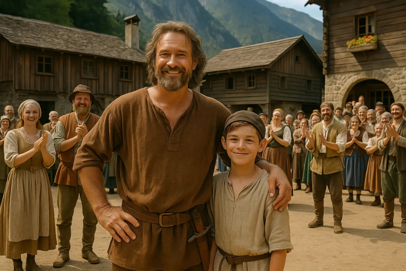 Darsteller in historischen Kostümen der Tellspiele stehen nach der Vorstellung gemeinsam für ein Foto.