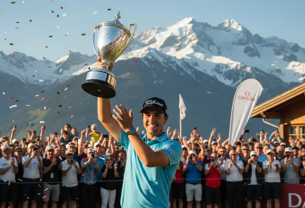 Golfer hebt Pokal in die Höhe beim Omega European Masters in Crans-Montana, jubelnde Fans und Alpen im Hintergrund