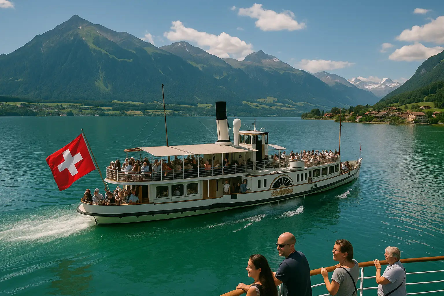 Ausflugsschiff gleitet ruhig über den Rhein mit Blick auf historische Städte am Ufer.