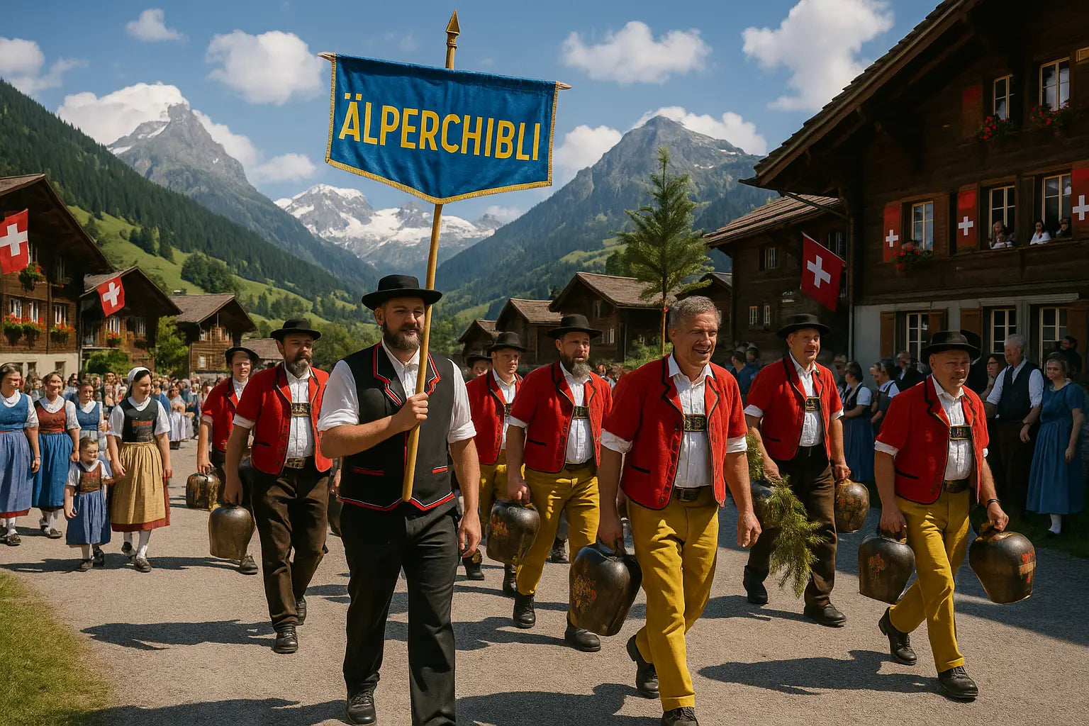 Trachtenträger in historischen Kleidern marschieren mit Fahnen und Musikinstrumenten durch die Strassen eines alten Schweizer Dorfes.
