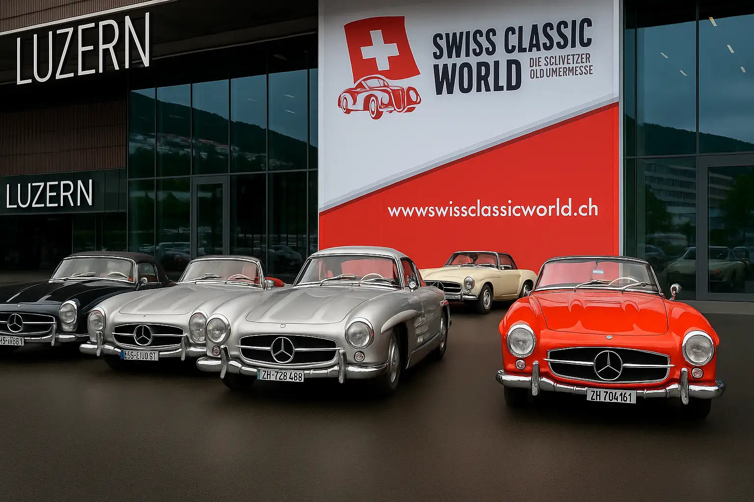 Mehrere Klassische Mercedes Benz 300 SL Modelle mit schönen Chromdetails vor der Swiss Classic World in Luzern