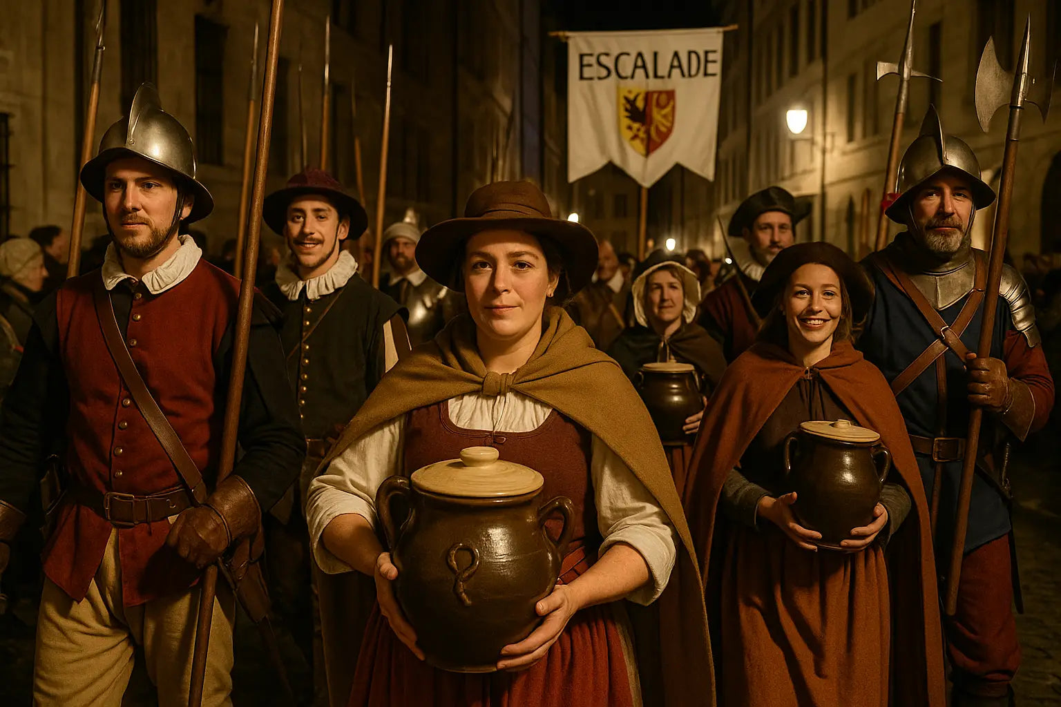 Männer und Frauen in historischen Uniformen tragen Waffen, Fahnen und Töpfe durch die Straßen.