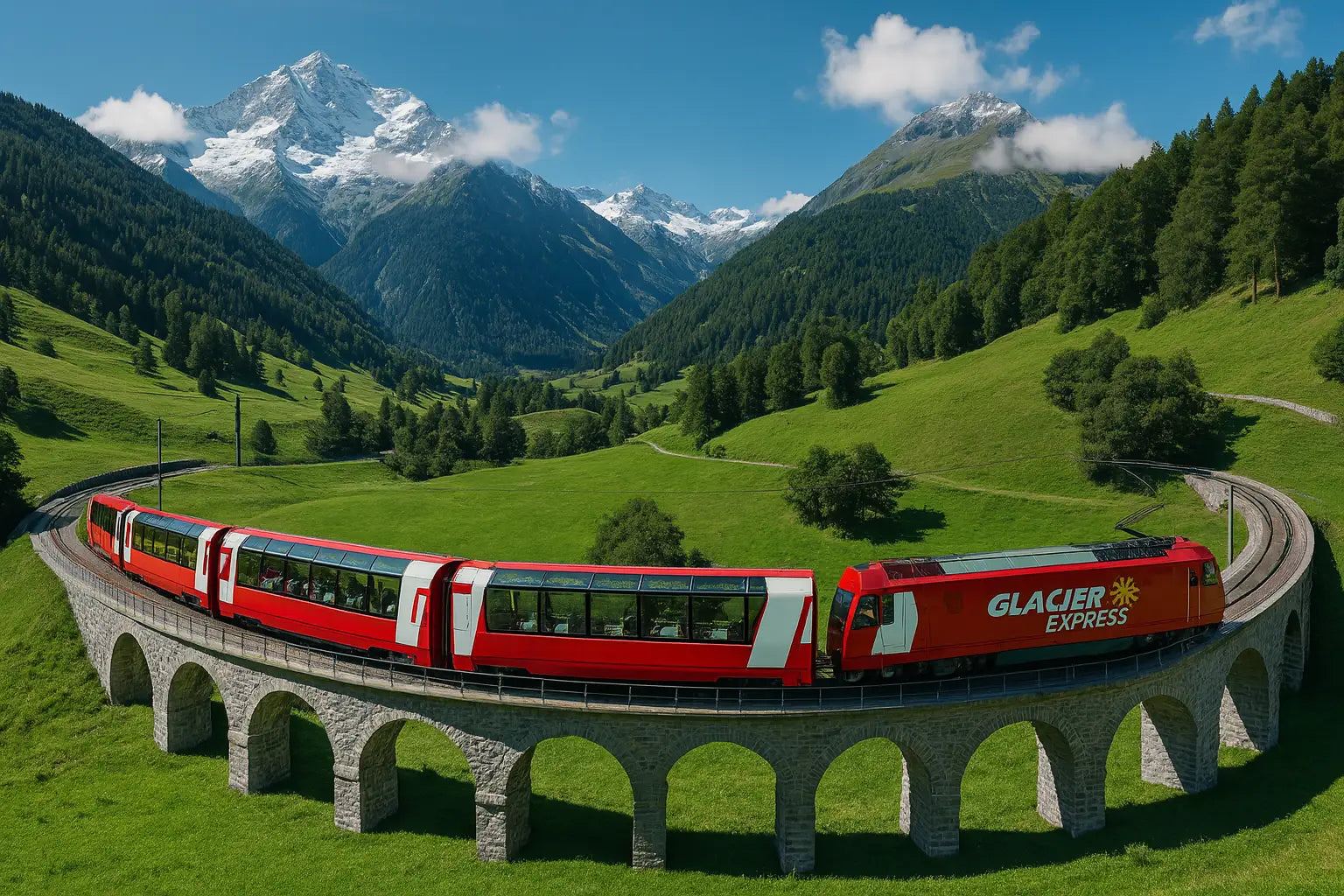 Panoramazug mit roten Wagen rollt über eine Brücke in der Schweiz mit einer schönen grünen Landschaft und den Alpen im Hintergrund.