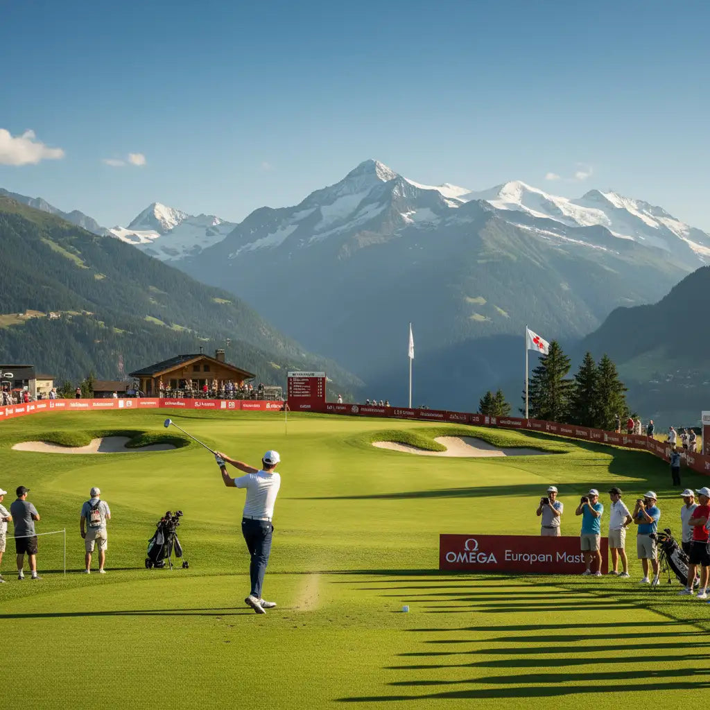 Golfer schlägt beim Omega European Masters 2025 in Crans-Montana ab, Alpenpanorama im Hintergrund