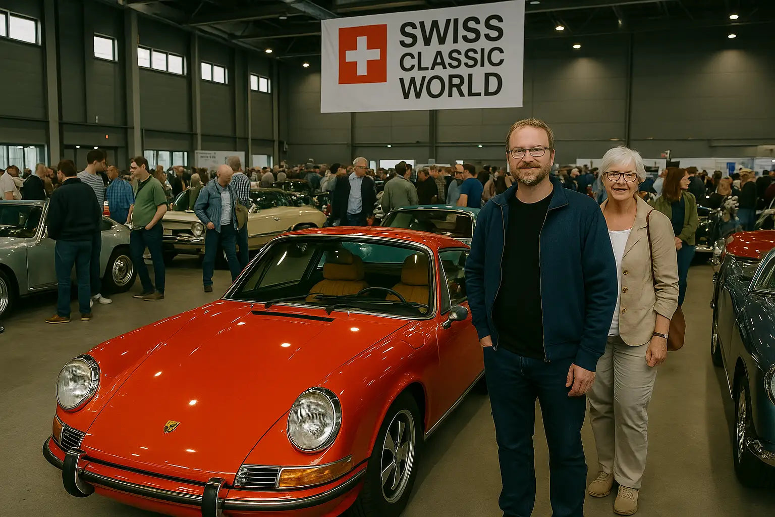 Mehrere Besucher betrachten glänzende Klassiker aus den 1950er-Jahren in einer Messehalle.