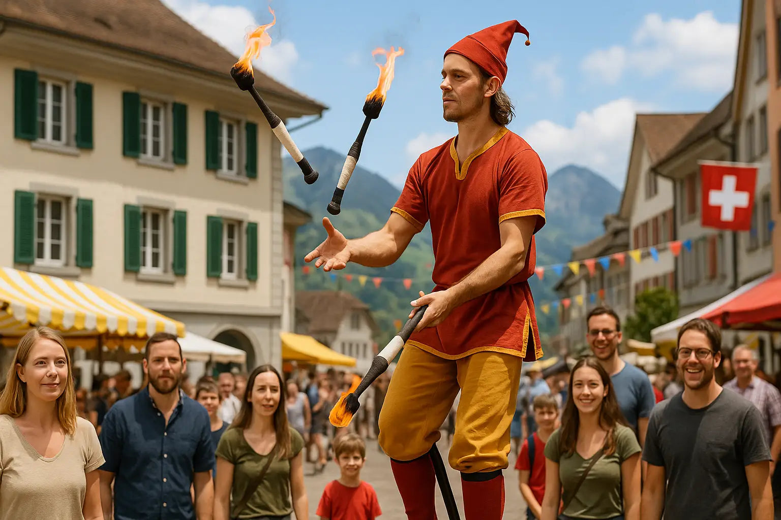 Straßenkünstler in buntem Kostüm jongliert vor einer staunenden Menschenmenge.