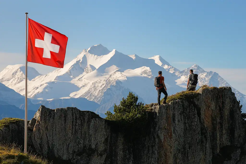 Zwei Wanderer mit Rucksäcken genießen auf einem Felsen den Ausblick auf die schneebedeckten Schweizer Alpen, neben einer wehenden Schweizer Flagge.