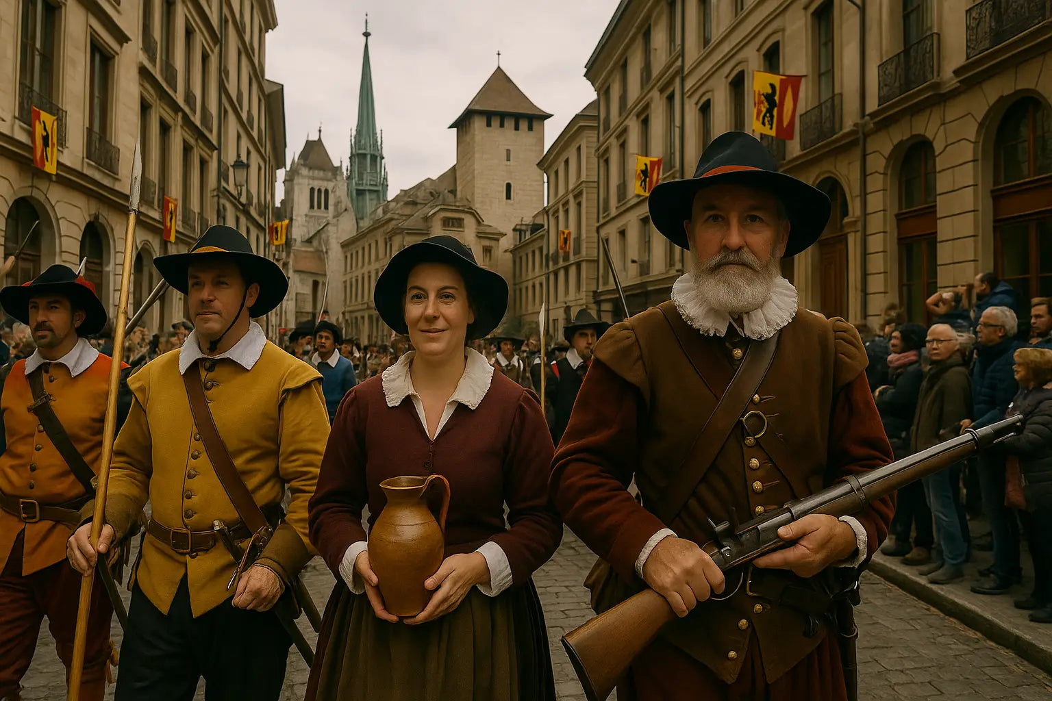 Familien und Besucher stehen entlang der Altstadtstraßen und bestaunen die historische Parade.